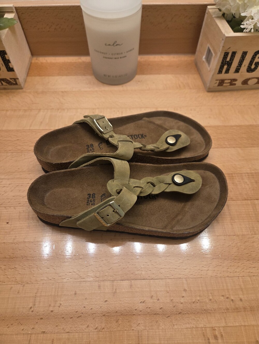 Birkenstock Gizeh Braided Oiled Leather Sandals Olive Green Women's Sz EU 38
